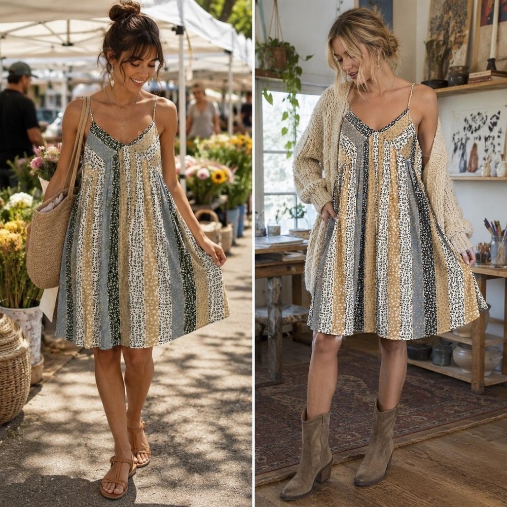 BeCool Sundress Women's S Patchwork Floral Spaghetti Strap Boho Prairie Peasant